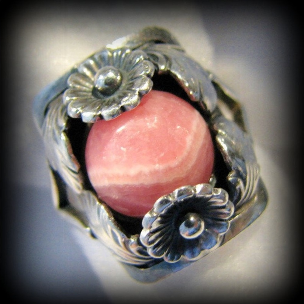 Vintage DANISH N.E. Pink rhodochrosite floral ring